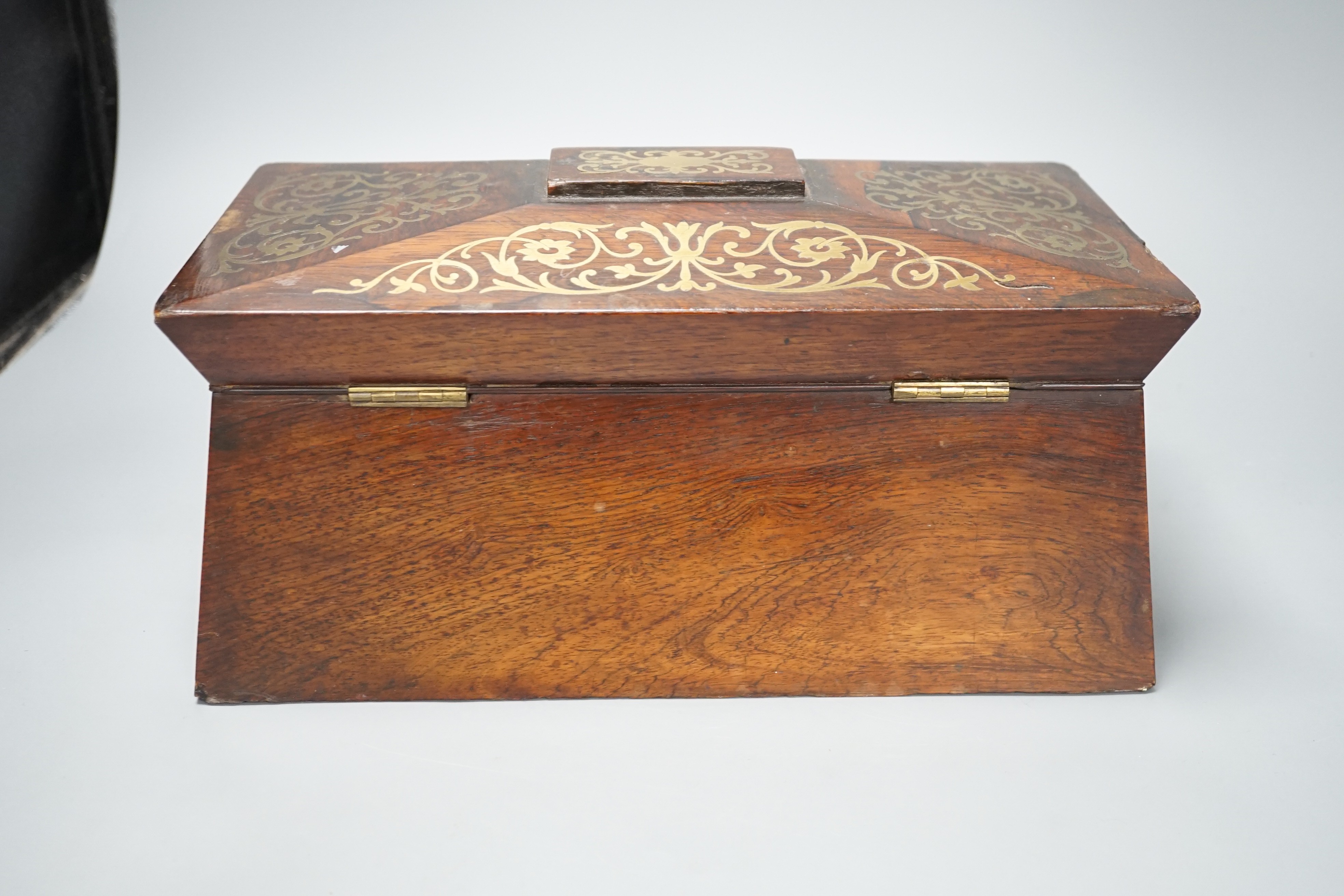 A George IV rosewood and cut brass tea caddy 33cm